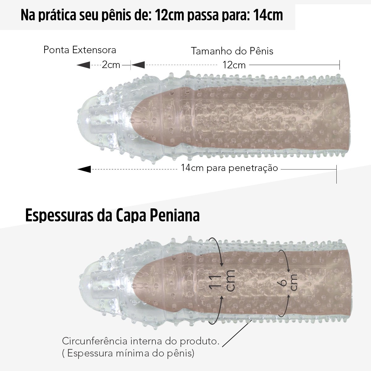 Capa Peniana – Aumenta o Tamanho do Pênis – TPR Macio – Saliências e Anel Prolongador – 14 cm