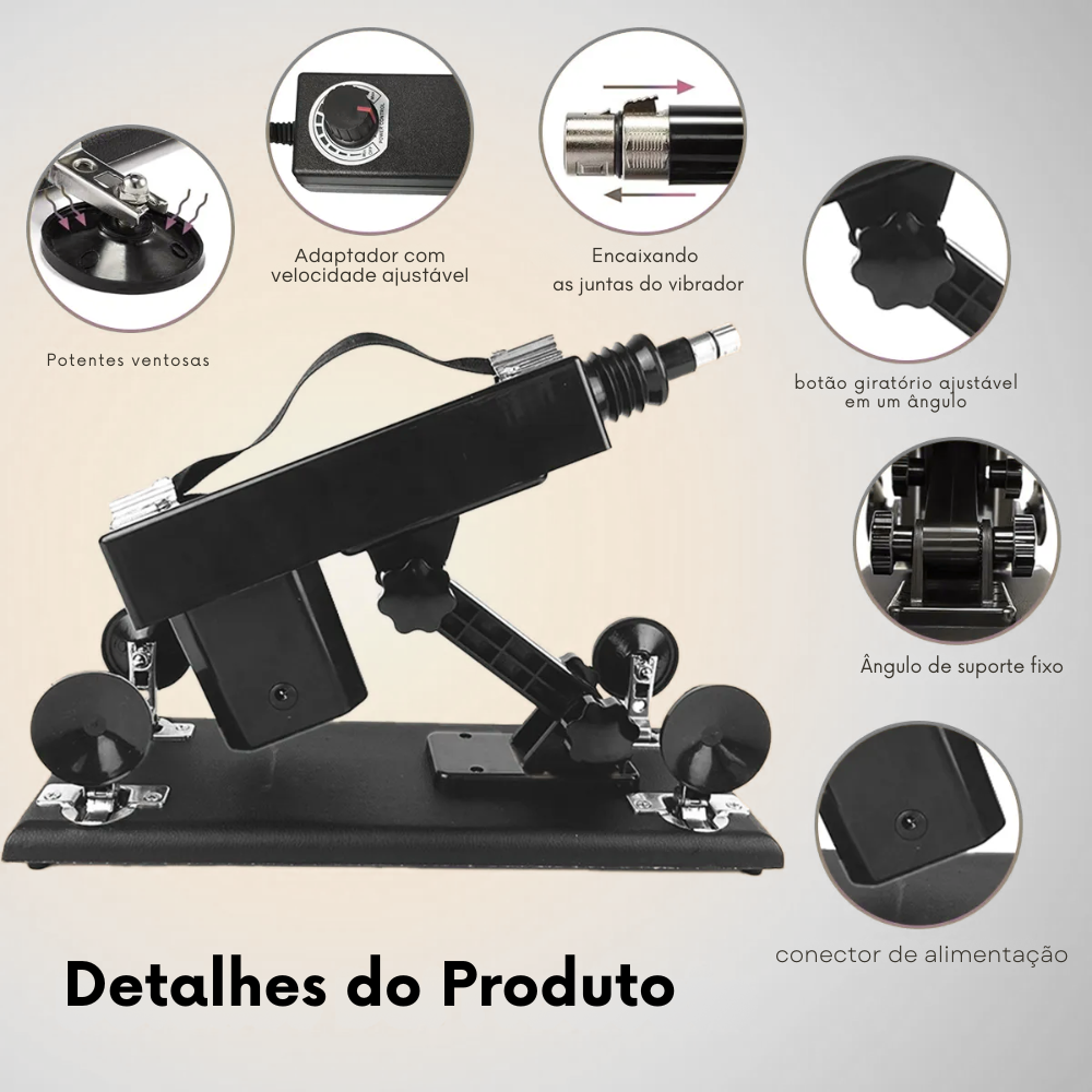 Máquina de Sexo Fucking Machine Bivolt 220v e 110v Vibratória – Movimentos de Vai e Vem que Simulam Penetração Real – Pênis Macio – Possui Vibração – Utiliza 2 pilhas AA – Acompanha 1 Pênis + Controle de Velocidades