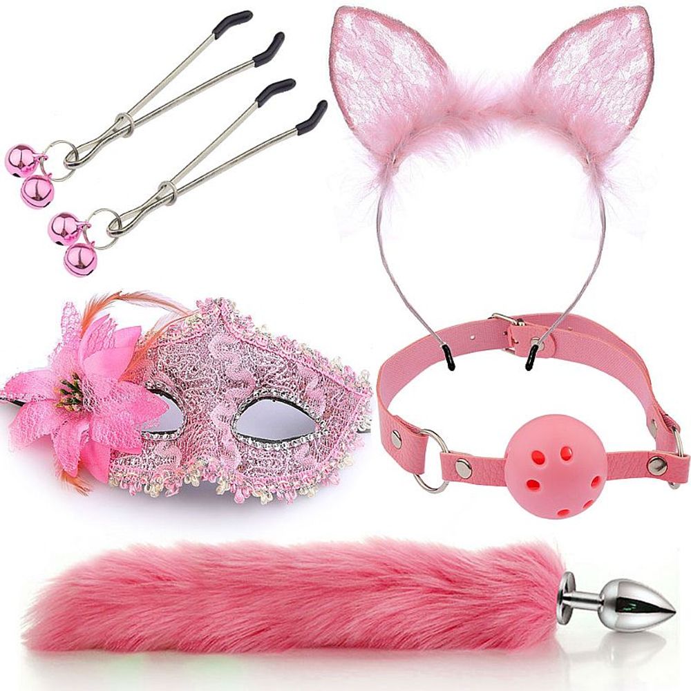Kit: Plug Anal com Rabo + Tiara + Gargantilha + Máscara + Prendedor de Mamilo