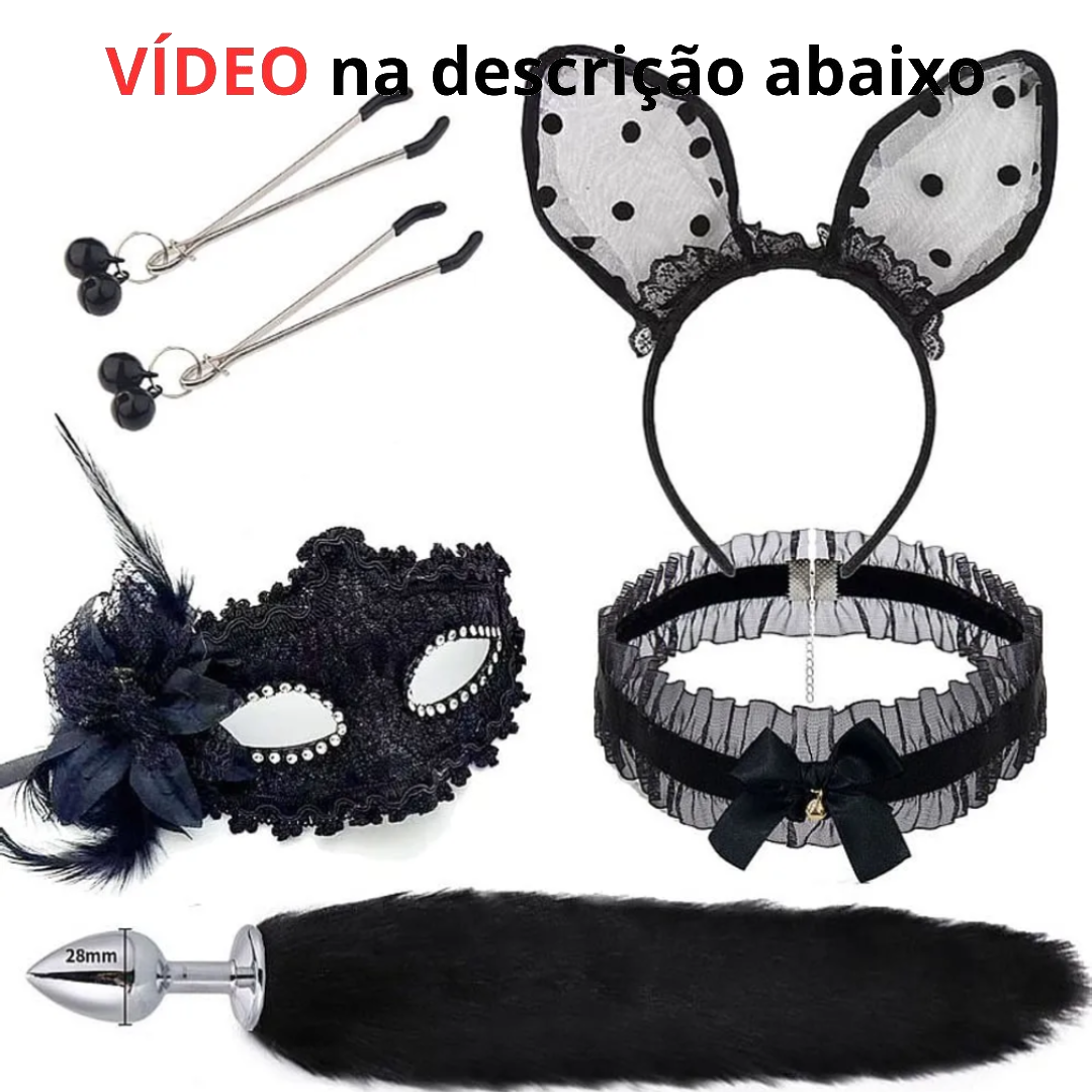 Kit: Plug Anal com Rabo + Tiara + Gargantilha + Máscara + Prendedor de Mamilo