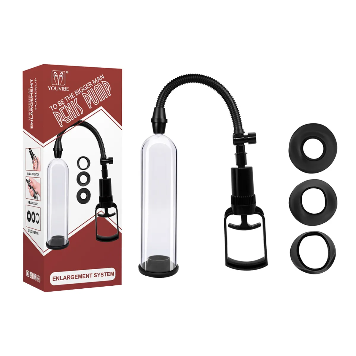 Bomba Peniana para Disfunção Erétil – Possui 3 Anéis de Medidas Diferentes – Medidas Aproximadas 18cm x 5,5 – Bomba Manual