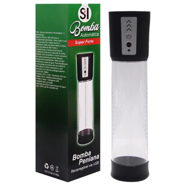 Bomba Peniana Automática - Com Três Modos de Intensidades de Sucção  - Recarregável Via USB -Medidas Aproximadas: 30 cm  Comprimento - 7 cm de Espessura - Tratamento da Disfunção Erétil - Bivolt