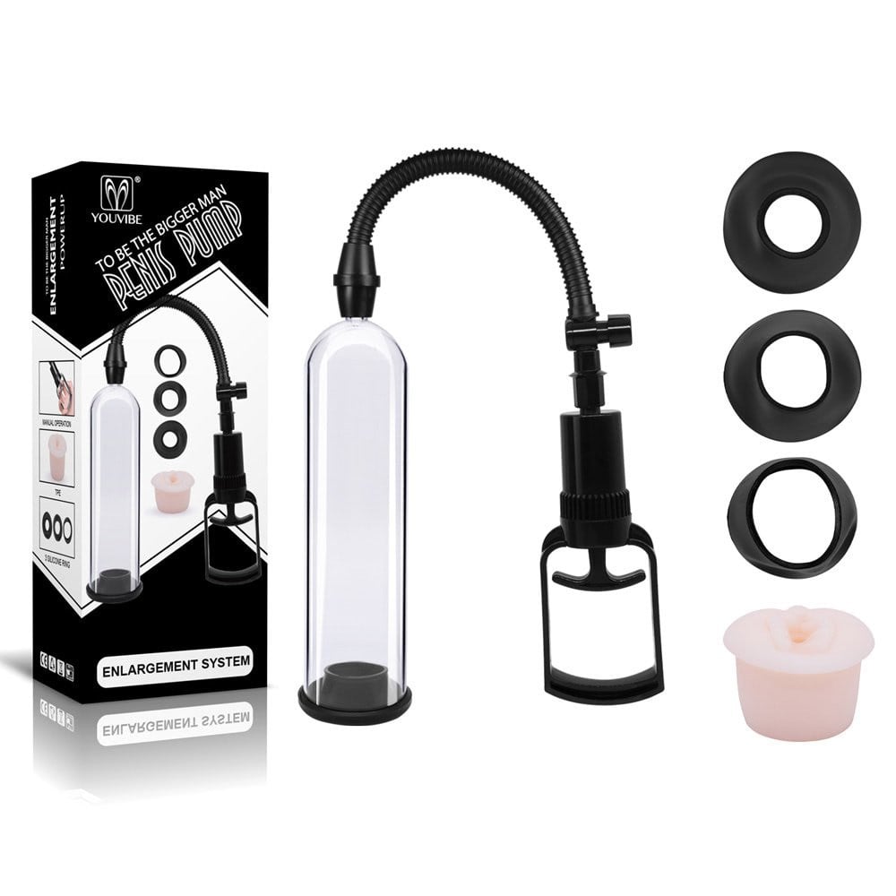 Bomba Peniana Manual – Com 3 Anéis em Silicone e um Anel em Formato de Vagina – 20 cm de comprimento, 5 cm de Espessura (Medidas Aproximadas) –  Tratamento da Disfunção Erétil