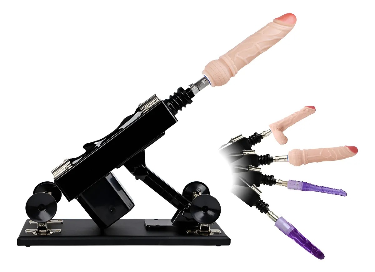 Máquina de Sexo Fucking Machine Bivolt 220v e 110v Vibratória – Movimentos de Vai e Vem que Simulam Penetração Real – Pênis Macio – Possui Vibração e Ângulo Ajustável – Acompanha 4 Pênis + Controle de Velocidades