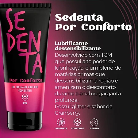 Sedenta Por Conforto – Gel Lubrificante e Anestésico Anal Beijável com Glitter – Sabor Cranberry – 50 gramas