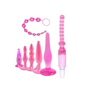 Kit Anal com 7 Peças no Total – 6 Plugs Anais - 1 Vibrador (Utiliza 1 Pilha AA) - Silicone Macio e Flexível – Medidas Variadas Contendo Peças do P ao G - Kit Voltado para Pessoas Iniciantes ou já Praticantes
